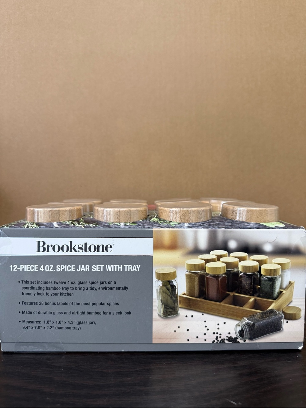 Brookstone Clear Glass Spice Jar Set with Bamboo Lids and Tray - Natural Wood